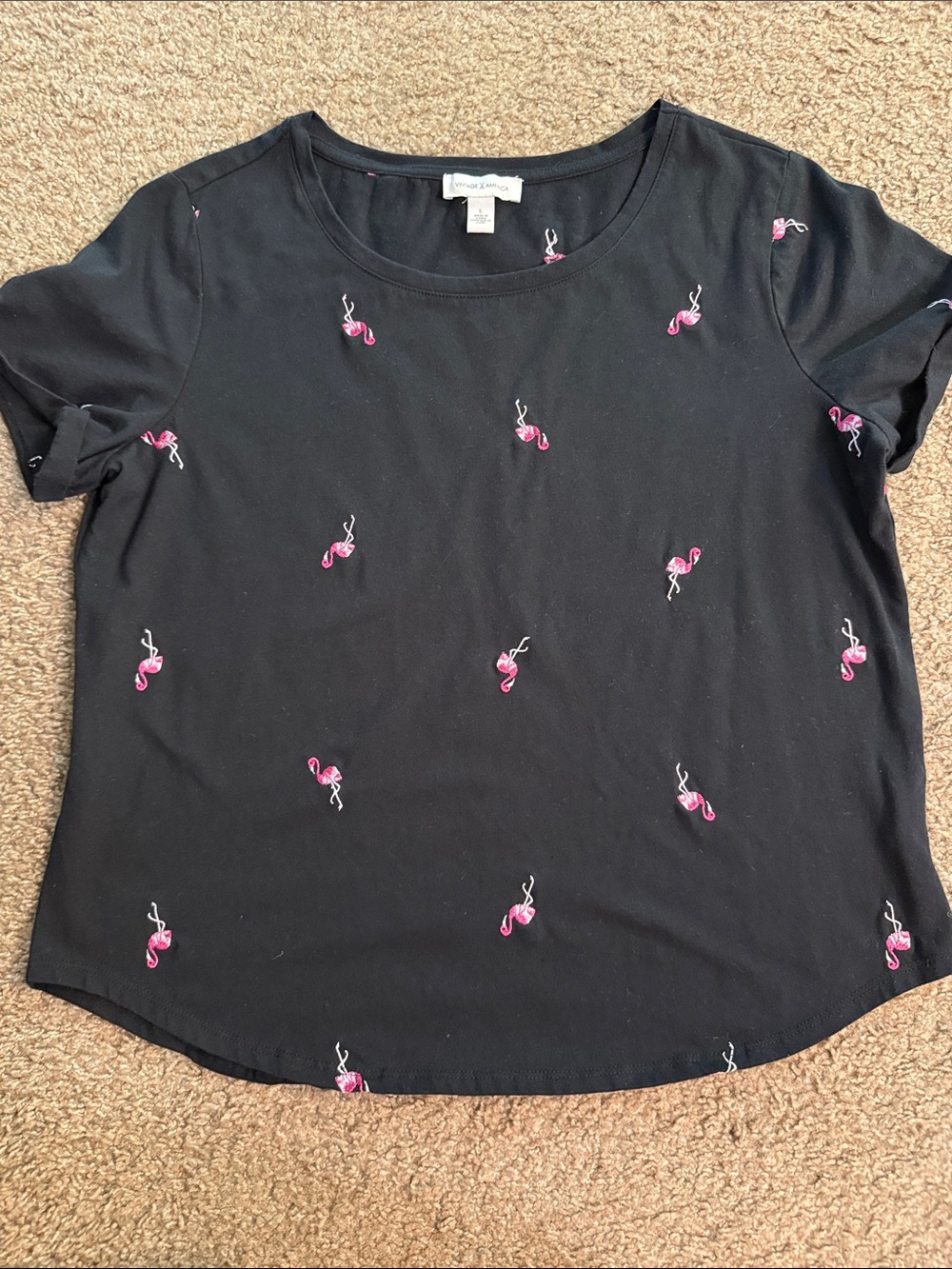 Vintage America Black Short-Sleeve Tee with Pink Flamingo Embroidery